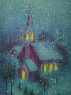 a painting of a church in the middle of winter with snow falling all around it