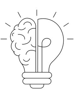 a black and white drawing of a light bulb with a brain in it's center