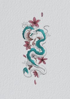 a drawing of a dragon with flowers on it