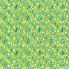 a green and yellow background with small flowers