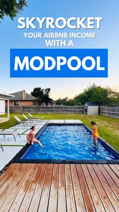 Two girls playing in a stunning shipping container swimming pool with water jets arching across the pool creating a relaxing oasis. Natural Swimming Ponds, Outdoor Pool Area, Swimming Pond, Chair Designs, Study Chair, Small Pools, Rental Income, Airbnb Host, Backyard Pool Designs