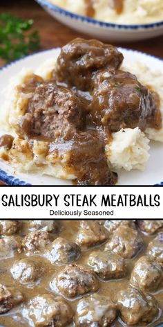 A double collage photo of Salisbury steak meatballs on mashed potatoes. Mexican Ground Beef, Easy Ground Beef Recipes, Salisbury Steak Meatballs, Beef Recipes For Dinner Easy, Meatballs And Gravy, Recipes For Dinner Easy, Salisbury Steak Recipes, Easy Ground Beef