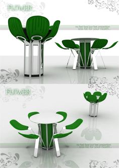 green chairs and tables with flowers on them