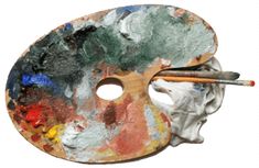 an artist's palette with two brushes in it