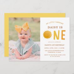 Little Sunshine Is One 1st Birthday Photo Invitation Retro 1st Birthday Party, First Birthday Sun, Sunshine Party Ideas, Sunshine Invitation, Sun Birthday Party, Birthday Party Themes For Boys, Sunshine 1st Birthday