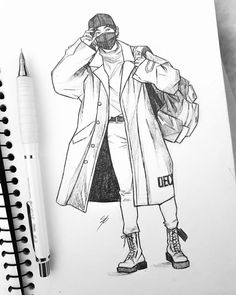 a drawing of a man in a trench coat with a bag on his shoulder and a pen next to him