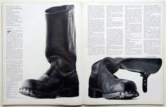 an open book with pictures of boots and shoes on the pages, including one in black