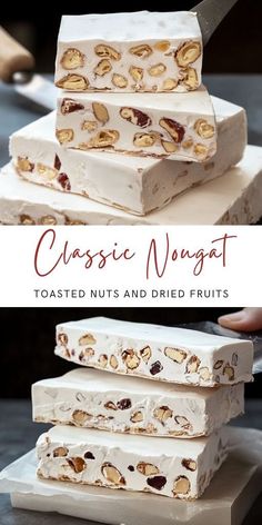 three different types of desserts stacked on top of each other with the words classic nugg