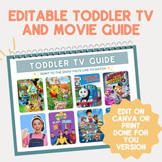 an image of a children's tv guide with the title, editable toddler tv and movie guide