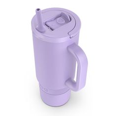 a purple coffee cup with handle and lid