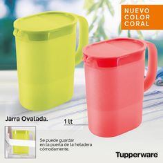 two plastic cups with lids and handles are shown in the advertisement for tupperware