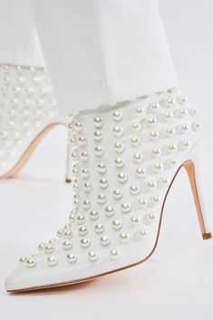 Chloe Pearl Stiletto Booties - Off White/combo | Fashion Nova, Shoes | Fashion Nova Winter Wedding Heels, White Dress Shoes For Women, Stilletos Heels Classy, Chloe Pearl, Modern Wedding Shoes, White Short Boots, Pearl Boots, Pearl Embellishment, Unique Boots