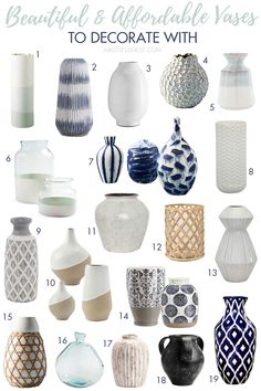 a bunch of vases that are all different colors and sizes with the words beautiful & decorative vases to decorate with