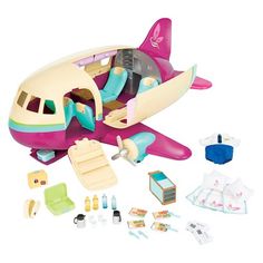 a toy airplane with accessories for it on a white background