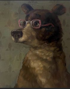 a painting of a dog with glasses on it's face, looking to the side