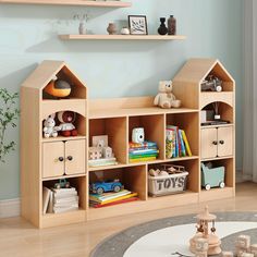 a child's room with toys and bookshelves