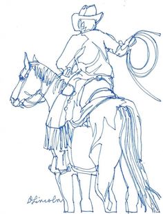 a drawing of a man riding on the back of a horse with a lasso