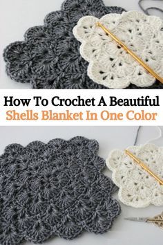 two crocheted coasters with the words how to crochet a beautiful shell blanket in one color