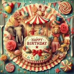 a circus themed birthday card with an elephant, clowns and other items on it