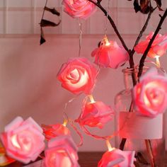 some pink roses are in a glass vase with lights on the stems and around them