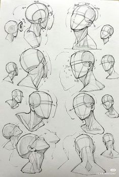 sketches of head and shoulders in various positions, from the front to the back with different angles