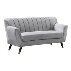 a grey couch with wooden legs on a white background