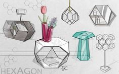 a bunch of different shapes and sizes of vases on a white surface with hexagon