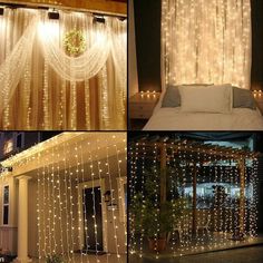 some lights that are on the outside of a house and in front of a bed