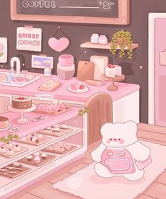 a pink kitchen with an oven, counter top and shelves filled with donuts on it