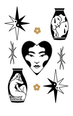 some black and white drawings with different things in them, including an image of a woman's face