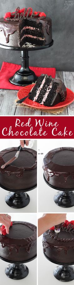 the steps to make a chocolate cake with red icing on it and then frosting