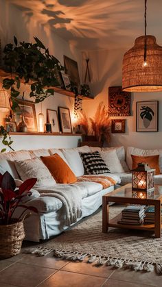 A cozy living room setting. A white sofa adorned with various cushions in shades of white, orange, and black is positioned against a wall. Above the sofa, a woven pendant light hangs, casting a warm glow. To the left, a wooden shelf displays a collection of framed artworks, plants, and decorative items. A wooden coffee table with a glass top sits in front of the sofa, holding a lantern and a stack of books. The floor is covered with a textured rug, and a basket with red leaves is placed to the right of the sofa. The overall ambiance of the room is warm, inviting, and bohemian. Shelf Above Sofa Living Rooms, Shelf Over Sofa Living Rooms, Cosy New Build Living Room, Cozy Orange Living Room, Boho Living Room Aesthetic, Boho Small Living Room Ideas, Boho Chic Apartment Decor Ideas, The Table In Front Of The Sofa, Cozy Boho Apartment Aesthetic