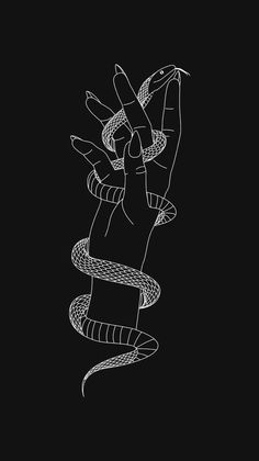 a black and white drawing of a hand holding a snake