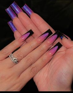 Dark Purple And Black French Tip Nails, Black Purple Acrylic Nails, Cute Purple Birthday Nails, Nail Art Purple And Black, Long Acrylic Nail Designs Purple, Simple Long Acrylic Nail Designs, Dark Purple Square Acrylic Nails, Cute Simple Purple Nails, Purple Bottom Nails