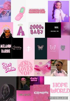 a collage of pink and black images with the words jesus loves you on them