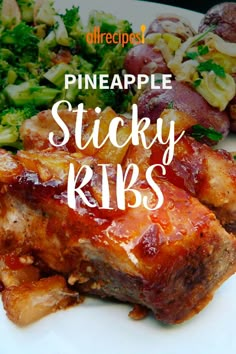 pineapple sticky ribs with broccoli and potatoes on a white plate text reads pineapple sticky ribs