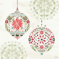 two christmas ornaments hanging from strings on a white background with red and green flowers in the center