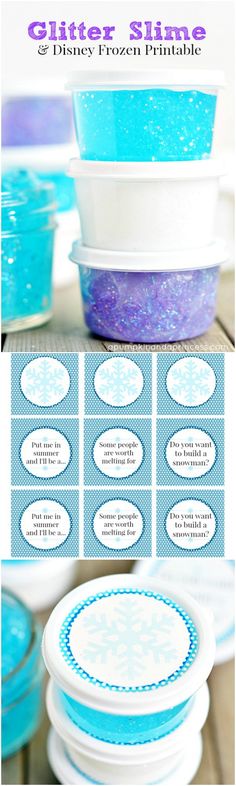 blue and white dishes with labels on them for glitter slime desserts or cupcakes