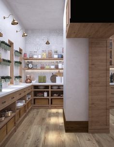 a kitchen with wooden cabinets and shelves filled with pots, pans and other items