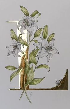 an artistic drawing of flowers on a metal letter f, with leaves and stems growing out of it