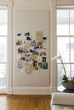 a white wall covered in papers and pictures next to a potted plant on a table