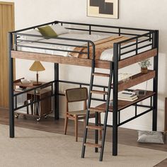 a loft bed with a desk underneath it and ladders to the top bunkbed