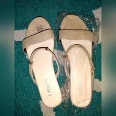 Short Heels, Slide On. Brand New Size 9.5 Beige Sandals With 4-inch Open Heel, Shein Shoes, New Heels, Short Heels, Slide On, Brand New, Women Shoes, Cream, Heels