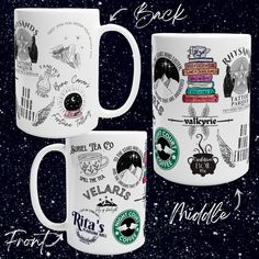 two coffee mugs with different designs on them