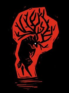 a black and red drawing of a hand holding a deer's head in the dark