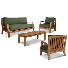 three pieces of wood furniture with green cushions