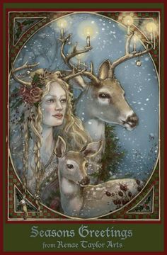 a woman and two deer are in front of a christmas card with the words seasons greetings from renae copy arts