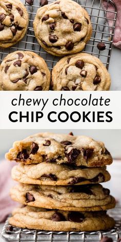 chewy chocolate chip cookies stacked on top of each other in front of a cooling rack