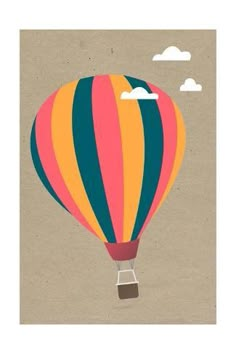 a hot air balloon flying in the sky with clouds above it, on a beige background