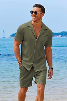 COOFANDY Men's 2 Pieces Shirt Sets Short Sleeve Casual Button Down Hippie T-Shirts Shorts Sets Summer Fashion Beach Outfits Mens Vacation Outfits Beach, Fashion Beach Outfits, Mens Resort Wear, Hawaii Outfit, Resort Casual, Party Outfit Men